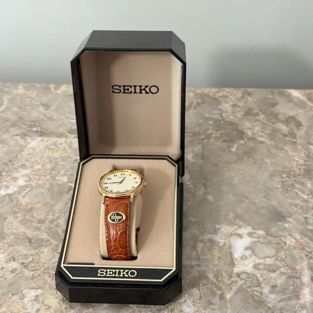 VTG Seiko Women Gold Tone Flat Round Watch Kroger Emblem Calf Leather JAPAN New